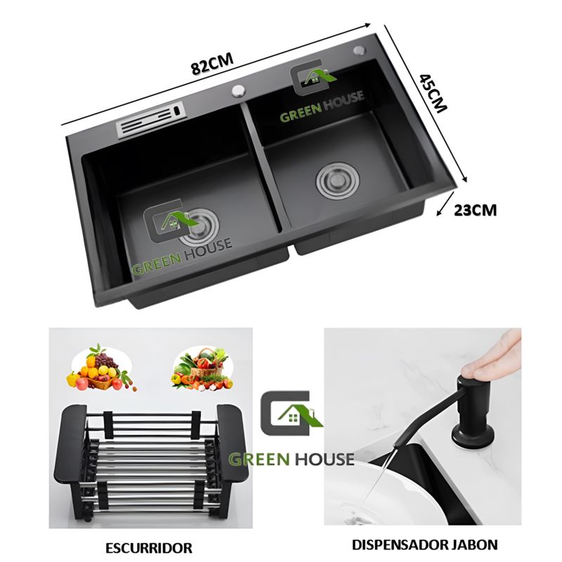 GENERICO - LAVADERO DE COCINA  NEGRO DOBLE POZA  CON PORTA CUCHILLO ACERO INOX.