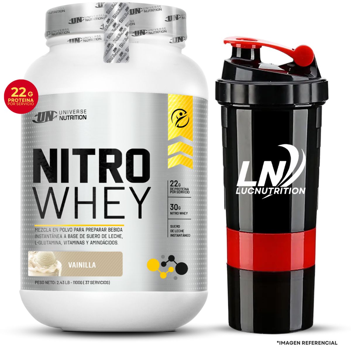 UNIVERSE NUTRITION - Proteína Nitro Whey 1.1 kg Vainilla + Smart Shaker 3 Cuerpos