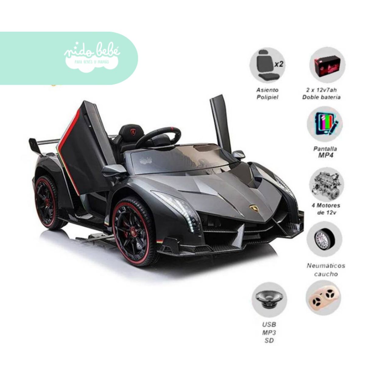 GENERICO - Carrito a Batería para niño Venon LAMBORGHINI color Negro
