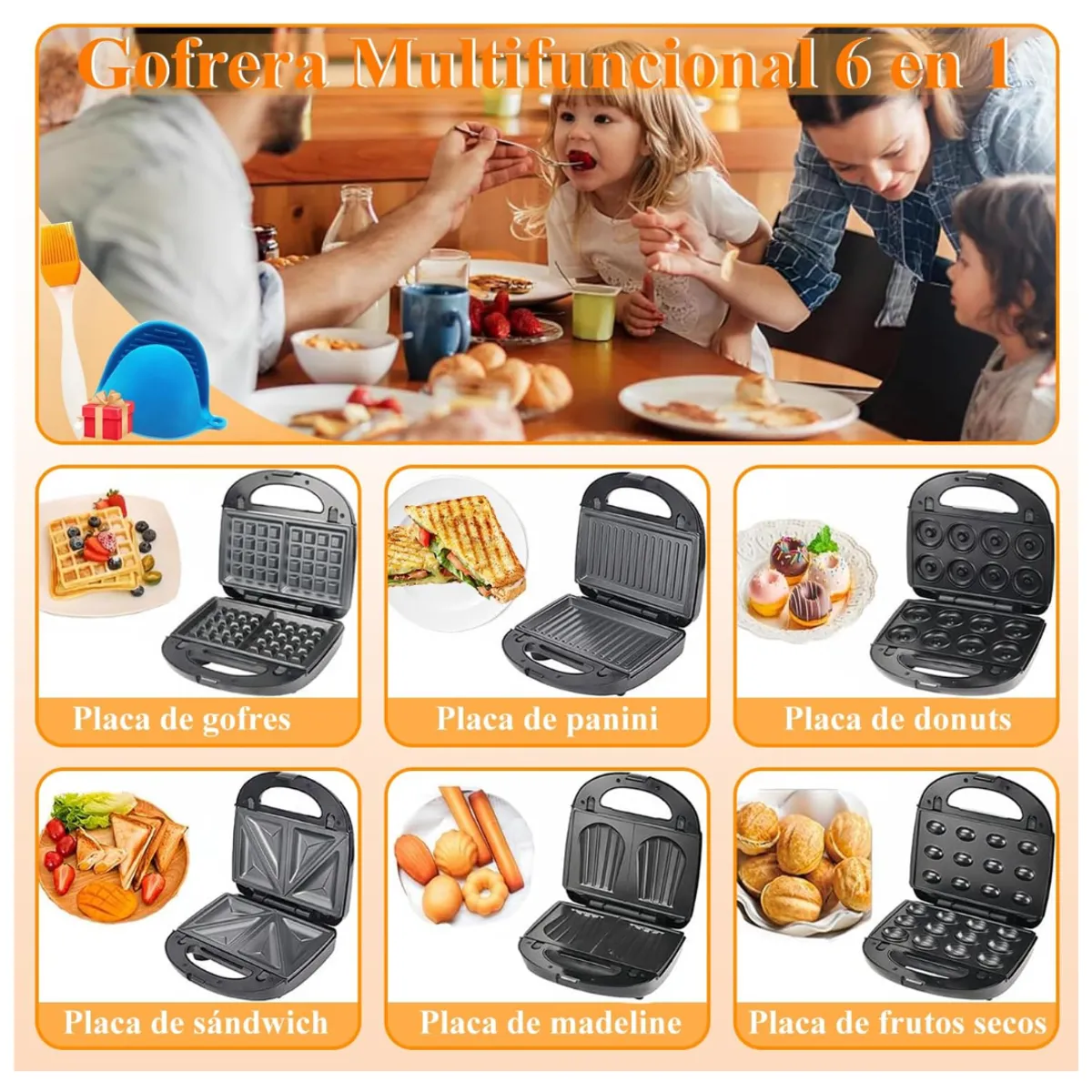 SEISA - Máquina RAF Waflera Sandwichera Donuts Parrilla Donas 6 En 1 RAF R.541