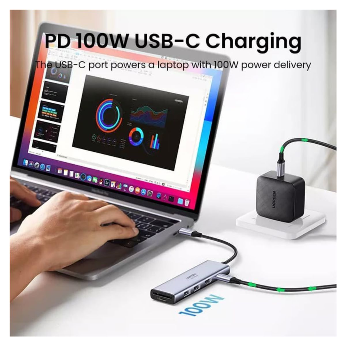 UGREEN - Hub 6 En 1 Usb 3.0 Hdmi 4k 30hz Lector Sd 100w Ugreen CM195 Tipo - C