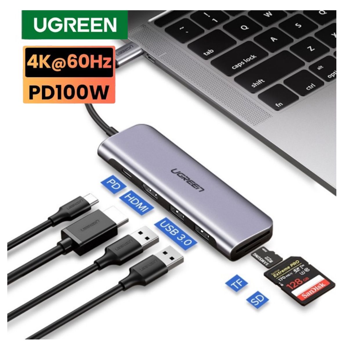 UGREEN - Adaptador Hub Ugreen 6 En 1 Usb 3.0 Hdmi 4k 30hz Lector Sd 100w -CM195