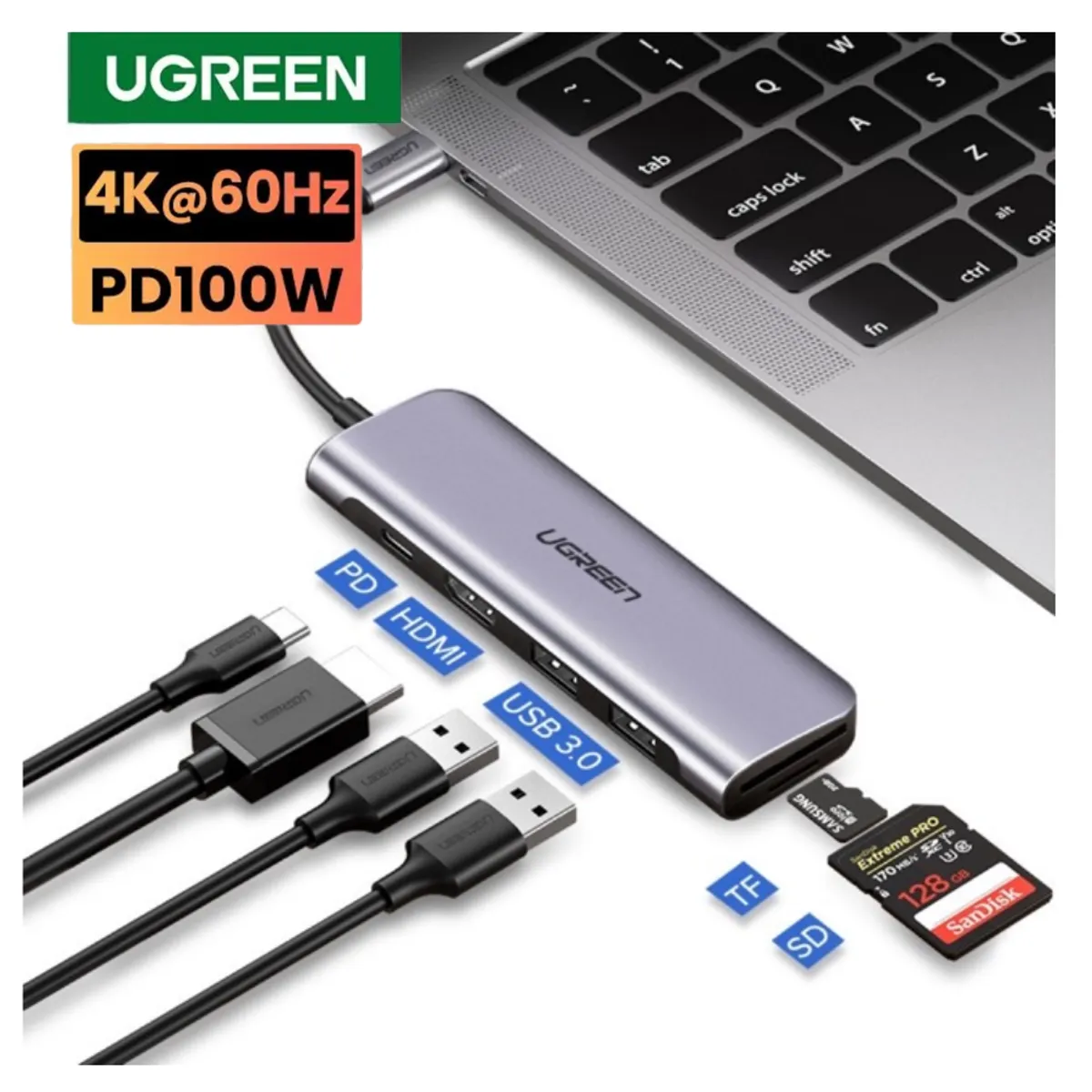 UGREEN - Adaptador Hub Ugreen 6 En 1 Usb 3.0 Hdmi 4k 30hz Lector Sd 100w -CM195