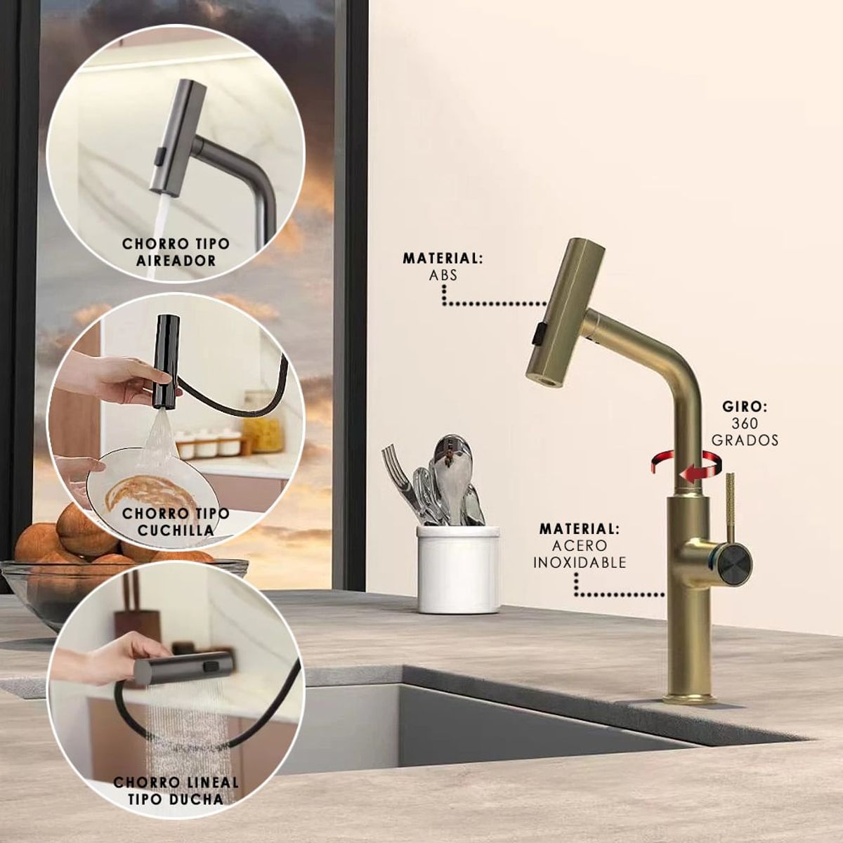 FRITECSA - Llave Griferia Monomando Dorado Gold para cocina con 3 tipos de chorro