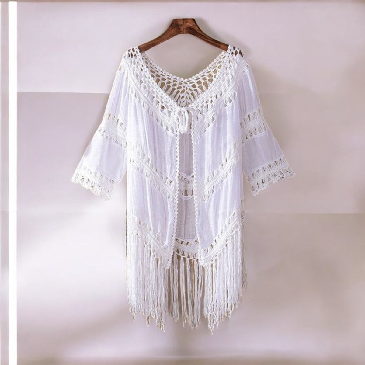 GENERICO - Kimono Abierta Gaza Manga Tres Cuartos Color Blanco