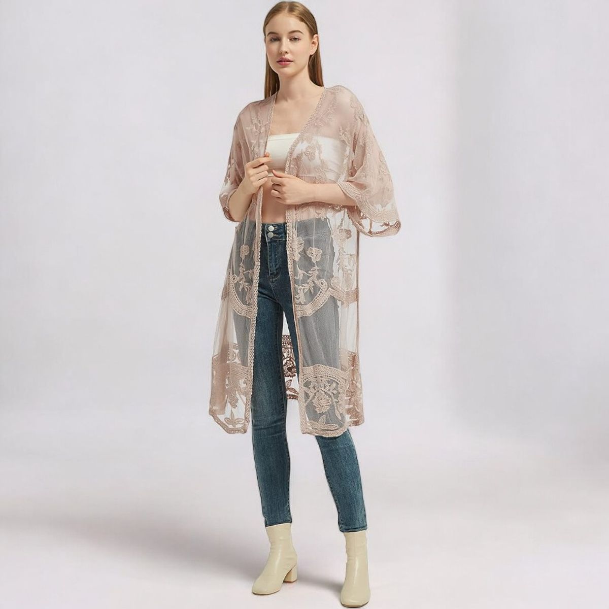 GENERICO - Kimono Abierta Tull Con Diseño Manga 3 Cuartos Color Beige