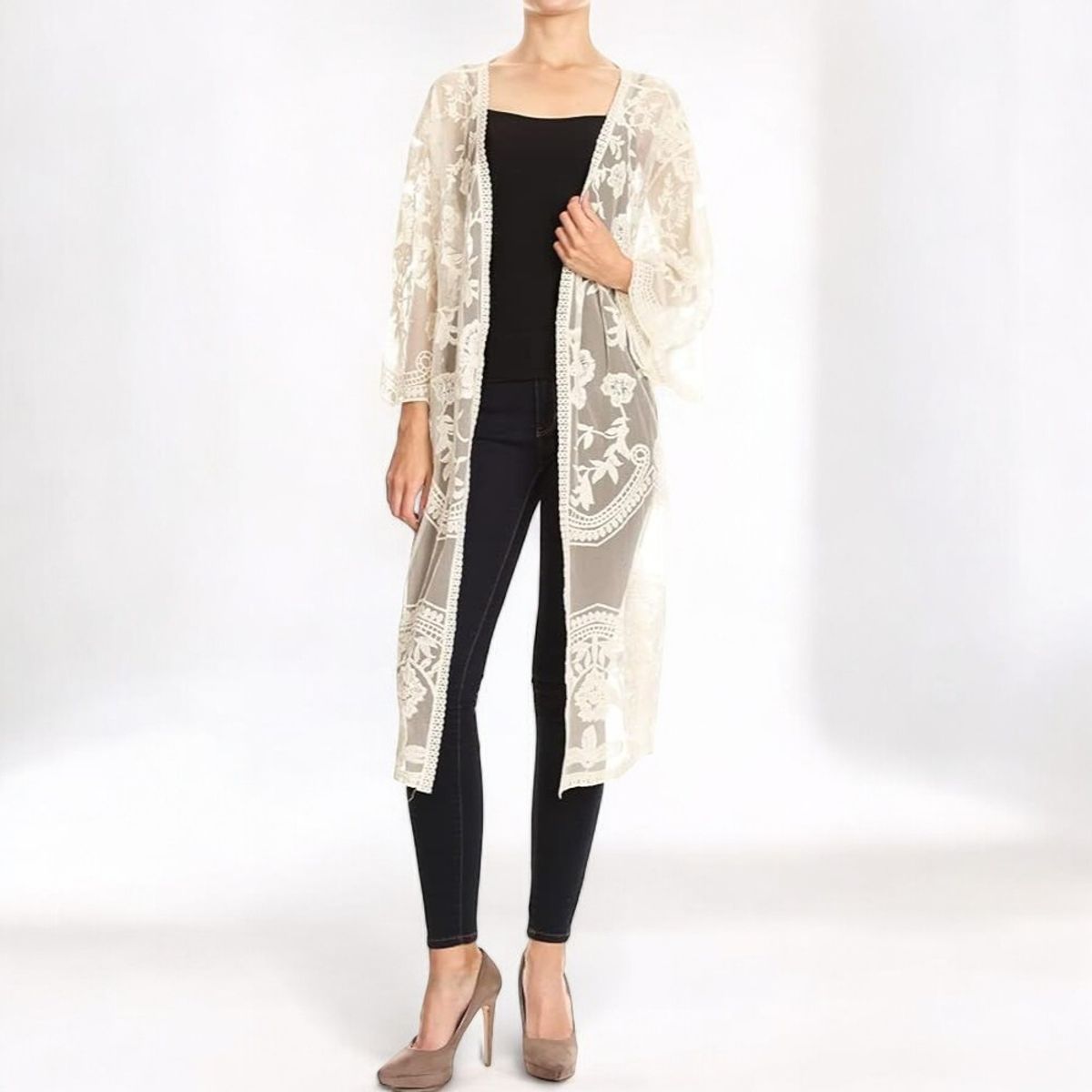 GENERICO - Kimono Abierta Tull Con Diseño Manga 3 Cuartos Color Blanco