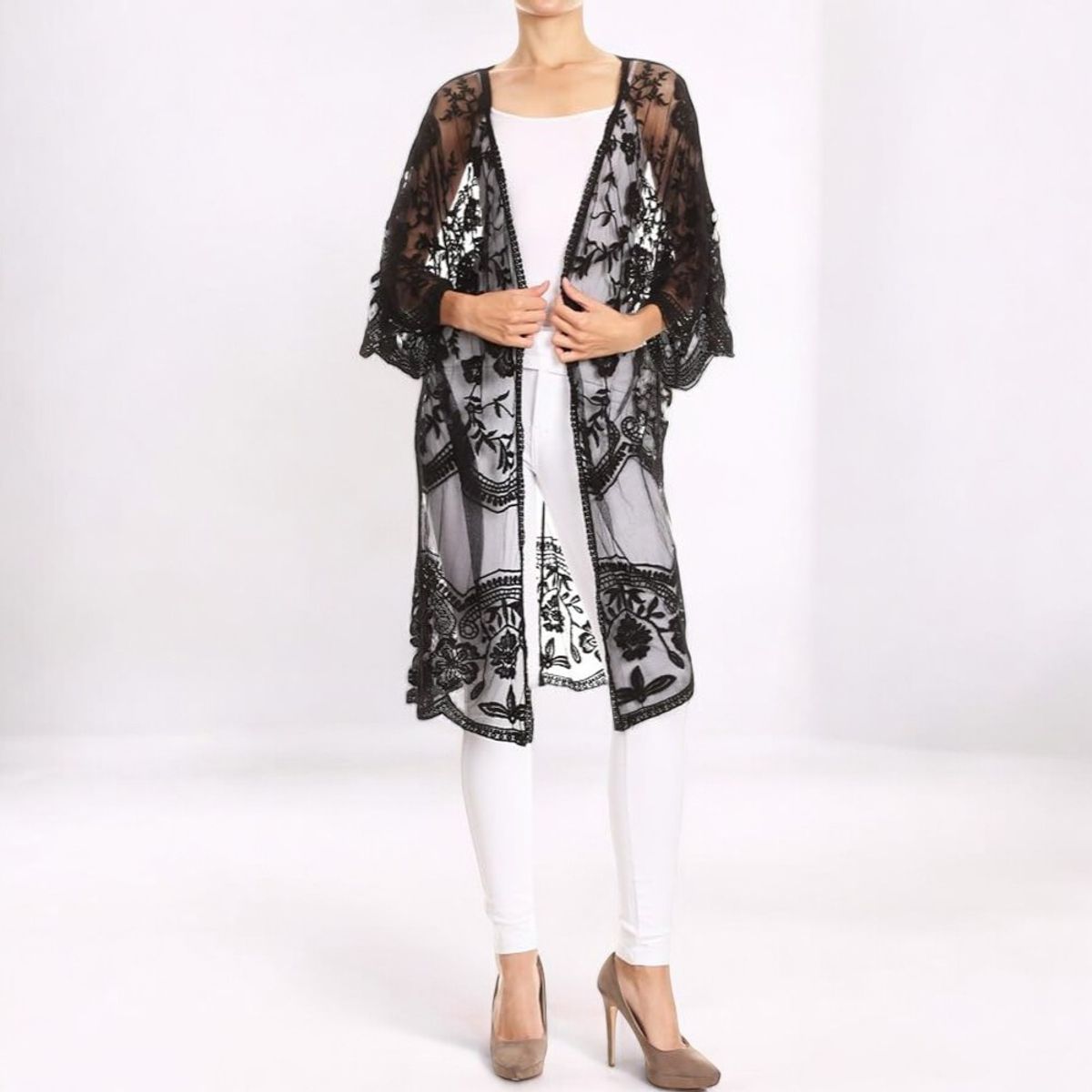 GENERICO - Kimono Abierta Tull Con Diseño Manga 3 Cuartos Color Negro