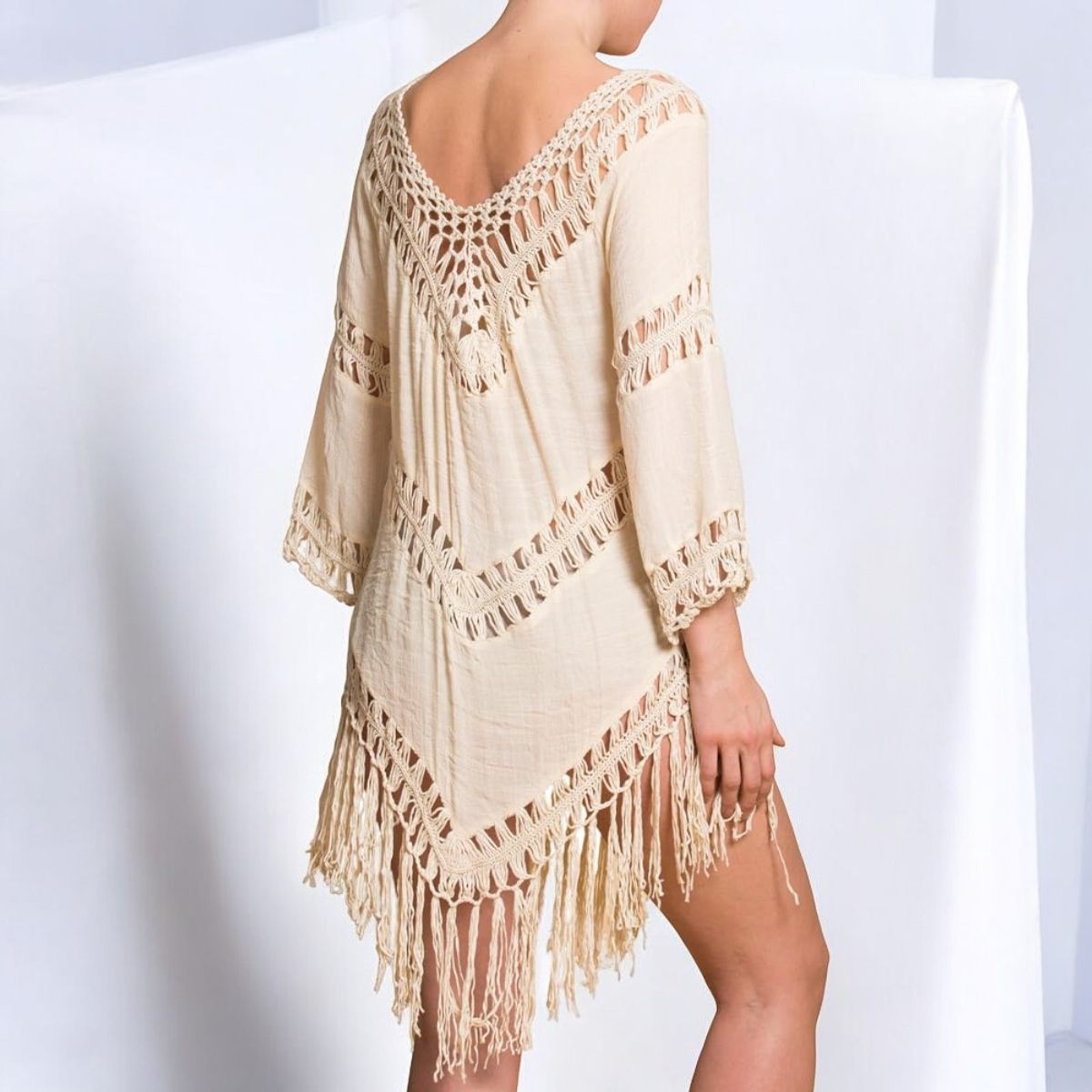 GENERICO - Kimono Gaza Chochet Manga Tres Cuartos Color Beige