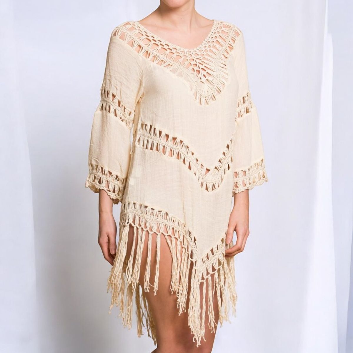 GENERICO - Kimono Gaza Chochet Manga Tres Cuartos Color Beige