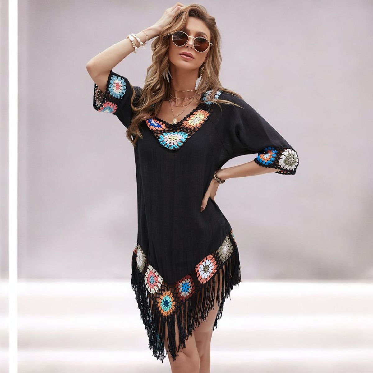 GENERICO - Kimono Gaza Acabados En Crochet Color Negro