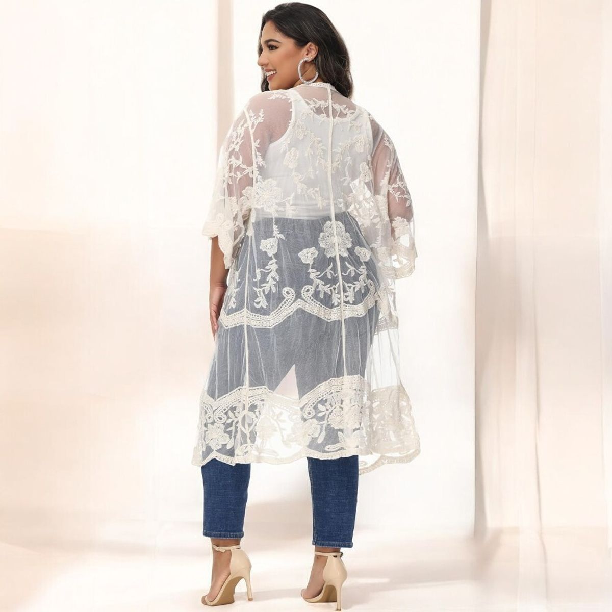 GENERICO - Kimono Tull Abierto Manga Tres Cuartos Color Blanco