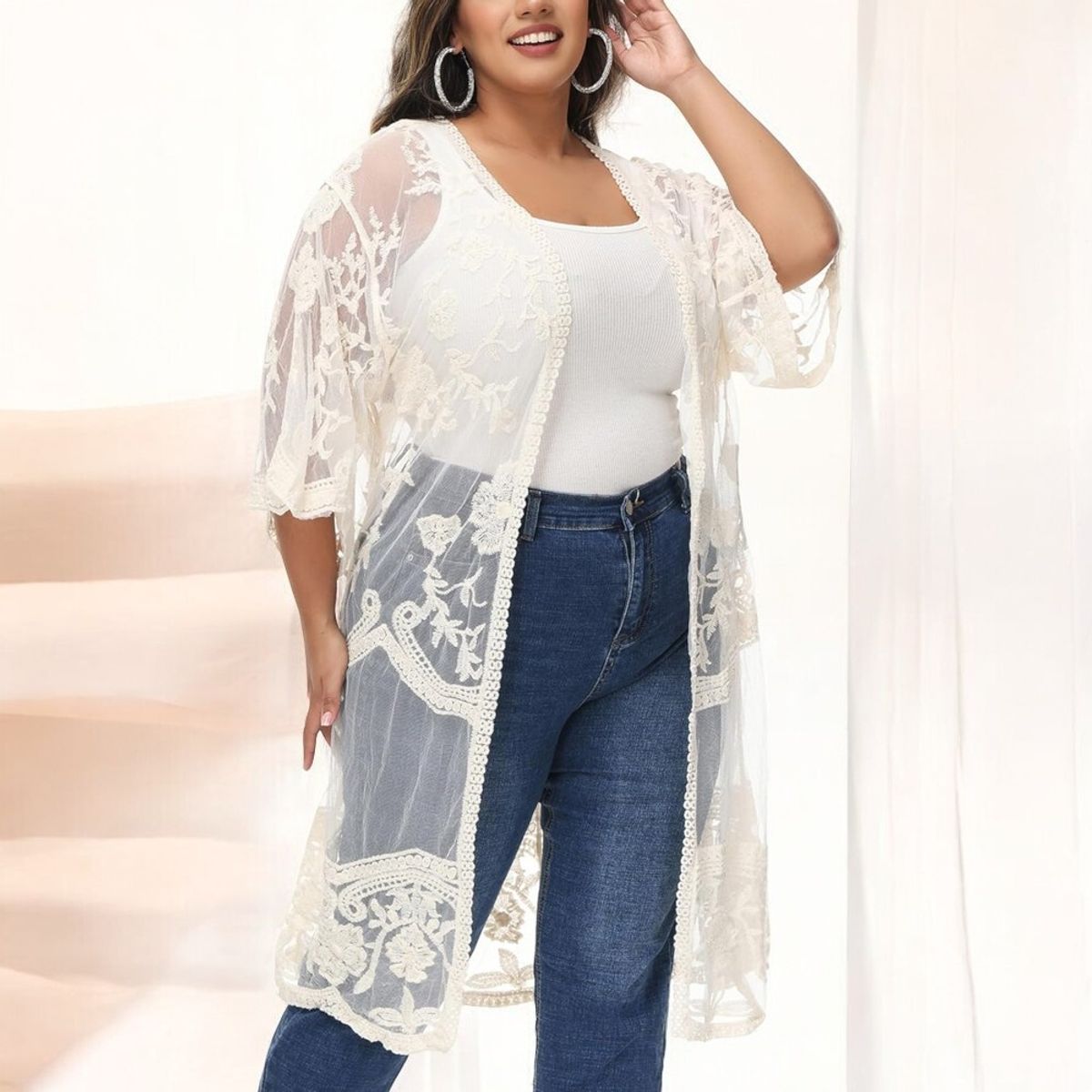 GENERICO - Kimono Tull Abierto Manga Tres Cuartos Color Blanco