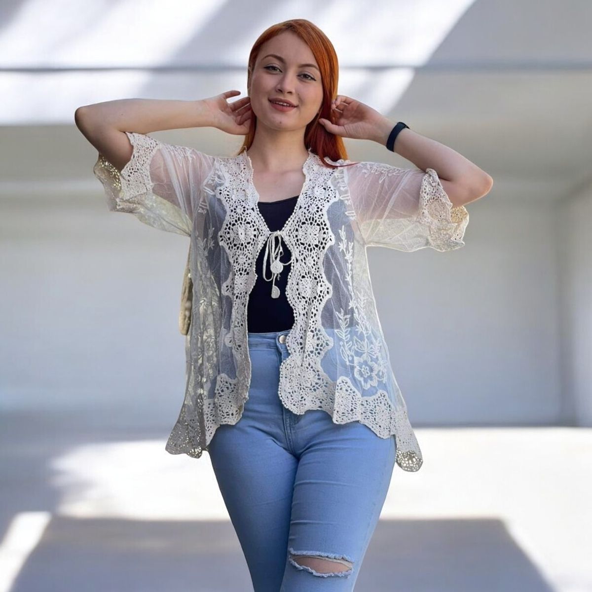 GENERICO - Kimono Tull Detalle Color Blanco