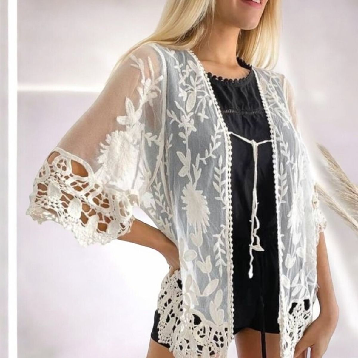 GENERICO - Kimono Tull Ramas Manga Tres Cuartos Color Blanco