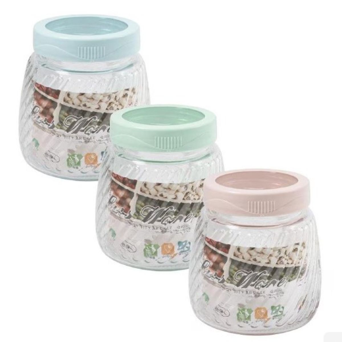 GENERICO - Set x 3 Frascos de Vidrio 1L con Tapas de colores