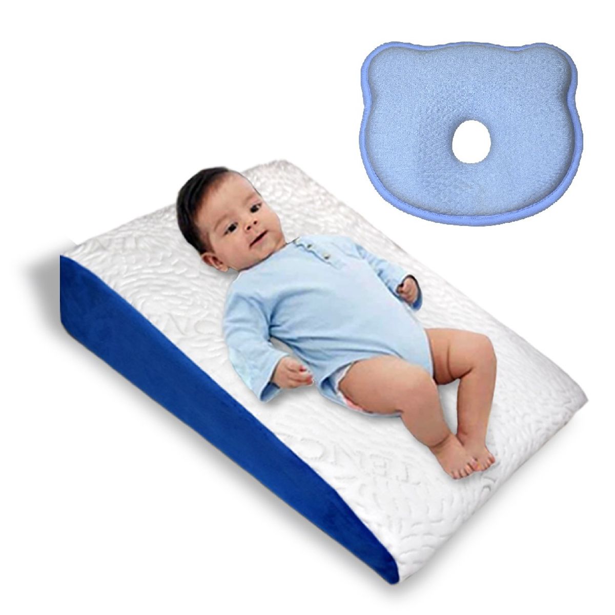 TERAFLEX - COJIN ANTIREFLUJO + ALMOHADA ANTICABEZA PLANA BEBÉ CELESTE  TERAFLEX