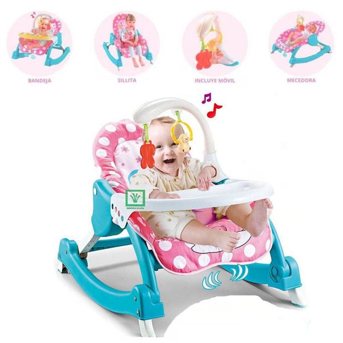 IDEAL BABY & KIDS - Silla de Comer Mecedora 3 en 1 Vibrador y Toys Rosado