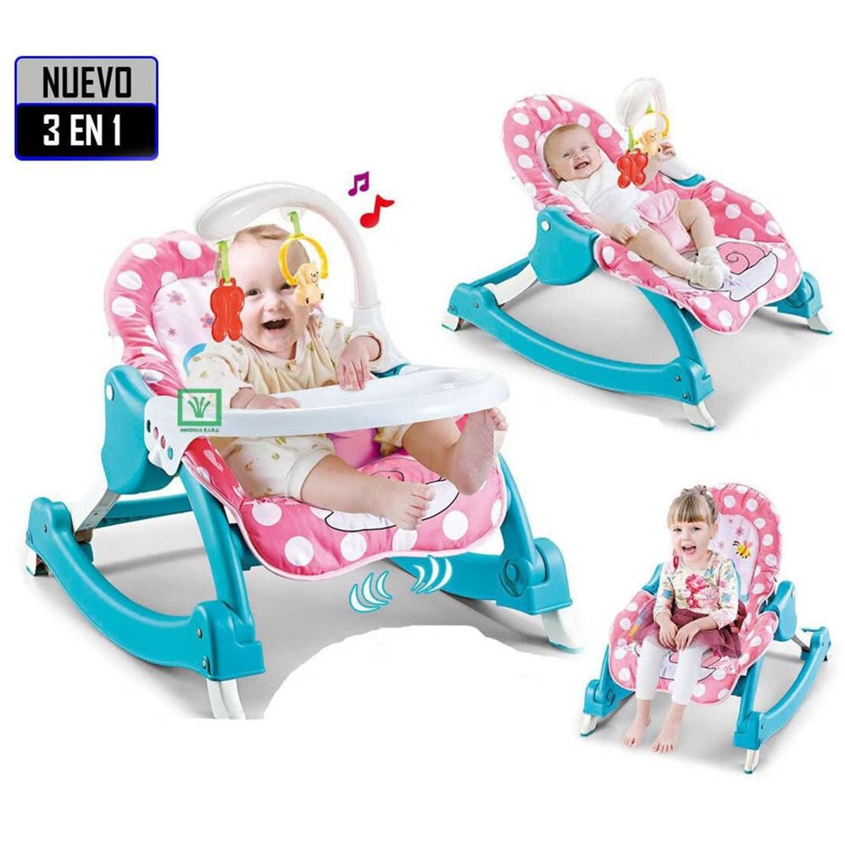 IDEAL BABY & KIDS - Silla de Comer Mecedora 3 en 1 Vibrador y Toys Rosado