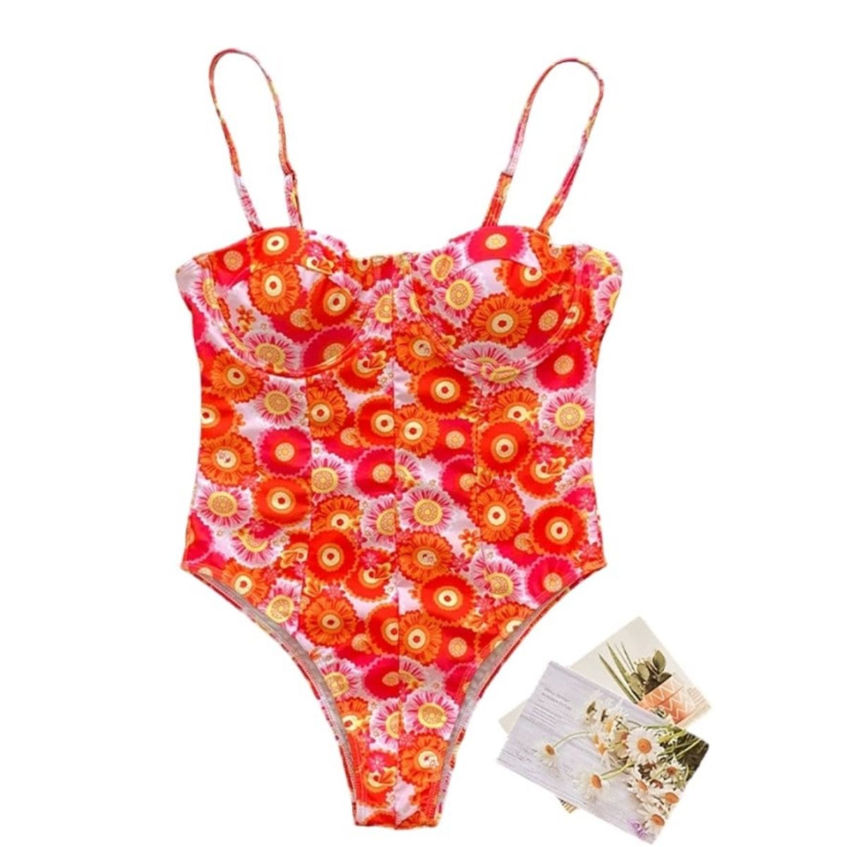 IMPORTADO MC - TRAJE DE BAÑO ENTERIZO NARANJA FLOREADO CON ARO