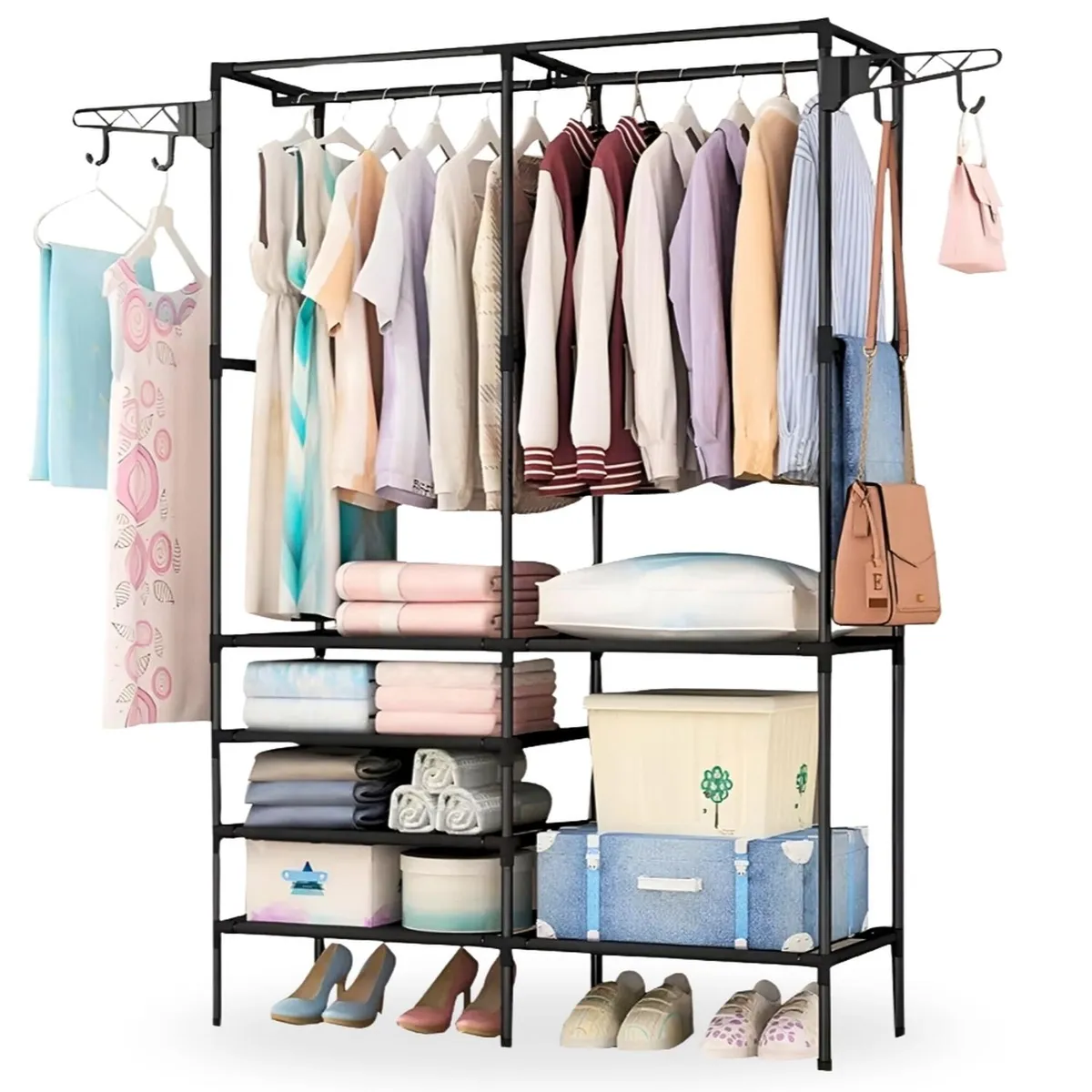 MINARI - Ropero Perchero Colgador de Ropa Armario 2 Cuerpos Negro 61P