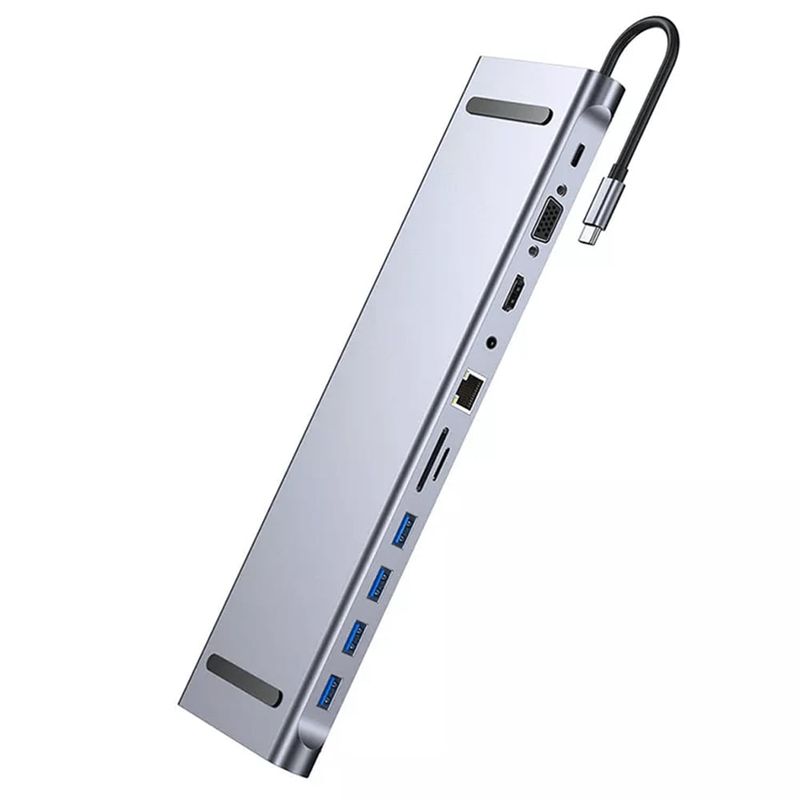 GENERICO - Adaptador Tipo C 11 En 1 Multiport Hub Estacion Lan Hdmi Vga aluminio