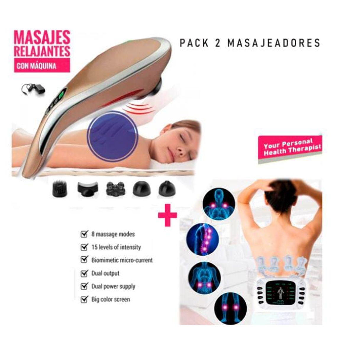 GENERICO - Masajeador Eléctrico Corporal Descontracturante con 4 Cabezales