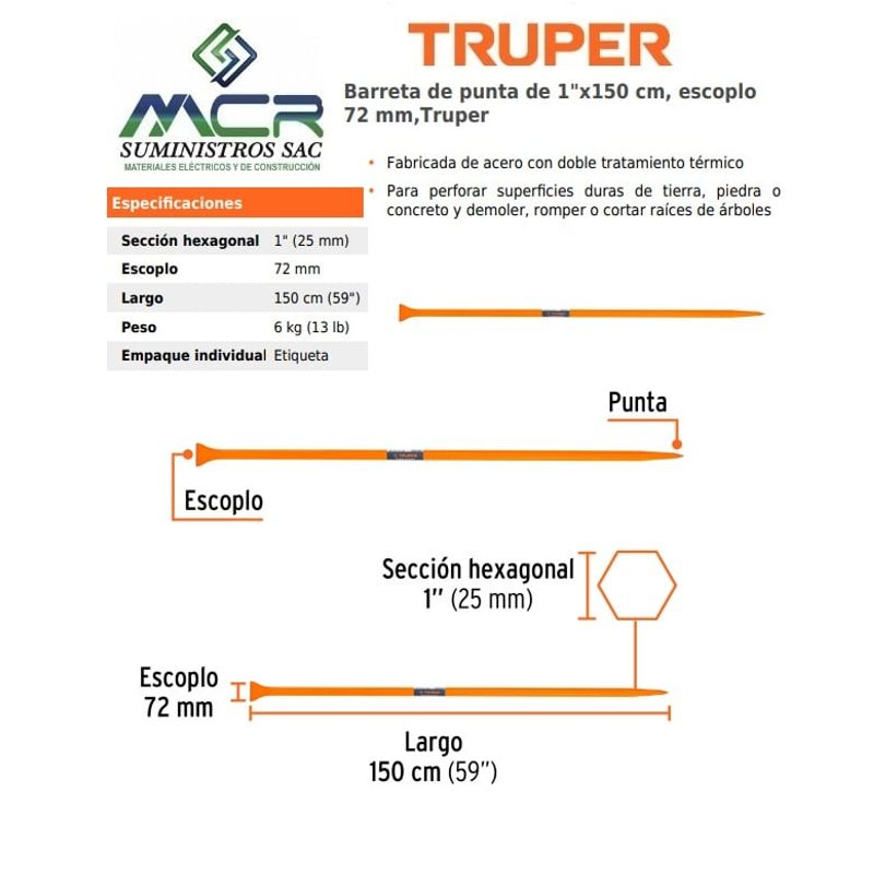 TRUPER - Barreta hexagonal de punta de 1"x150 cm escoplo 72 mm Truper