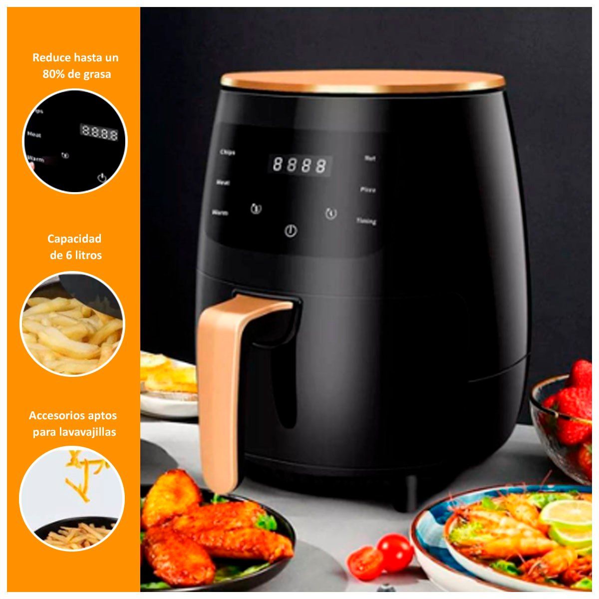GENERICO - Freidora de Aire de 6 lt Digital Negra Air Fryer