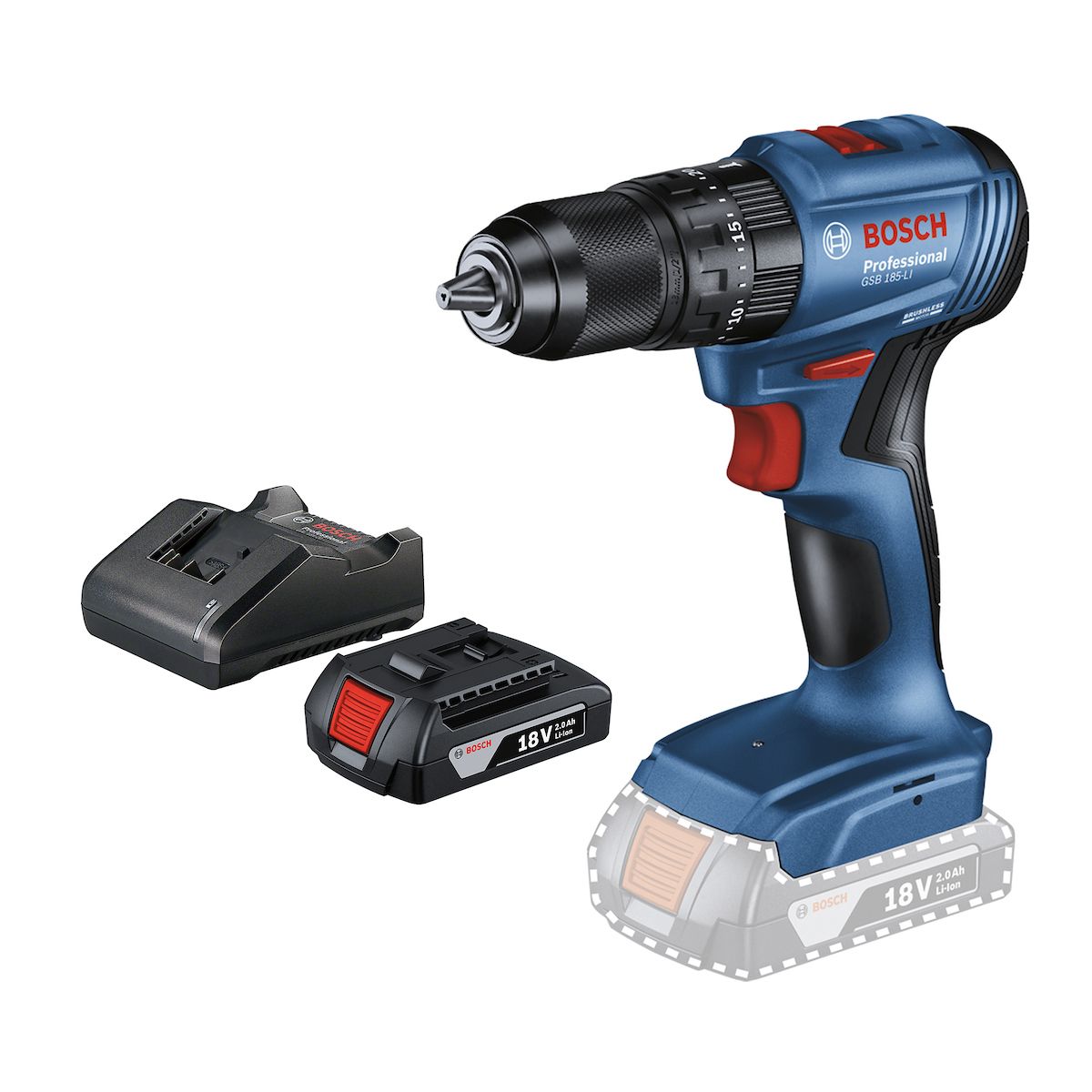 BOSCH - Taladro Percutor 1/2 Bosch Gsb 185 Li Brushless + Bat y Carg.