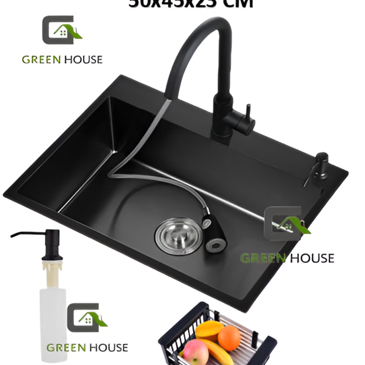 GENERICO - COMBO 50x45x23 CM LAVADERO DE COCINA ACERO  MEZCLADORA EXTRAIBLE NEGRA