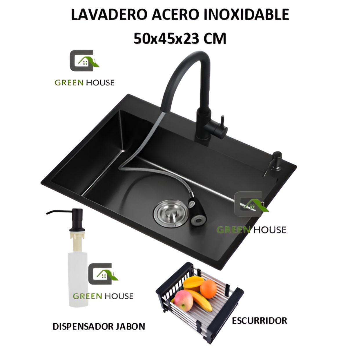 GENERICO - COMBO 50x45x23 CM LAVADERO DE COCINA ACERO  MEZCLADORA EXTRAIBLE NEGRA