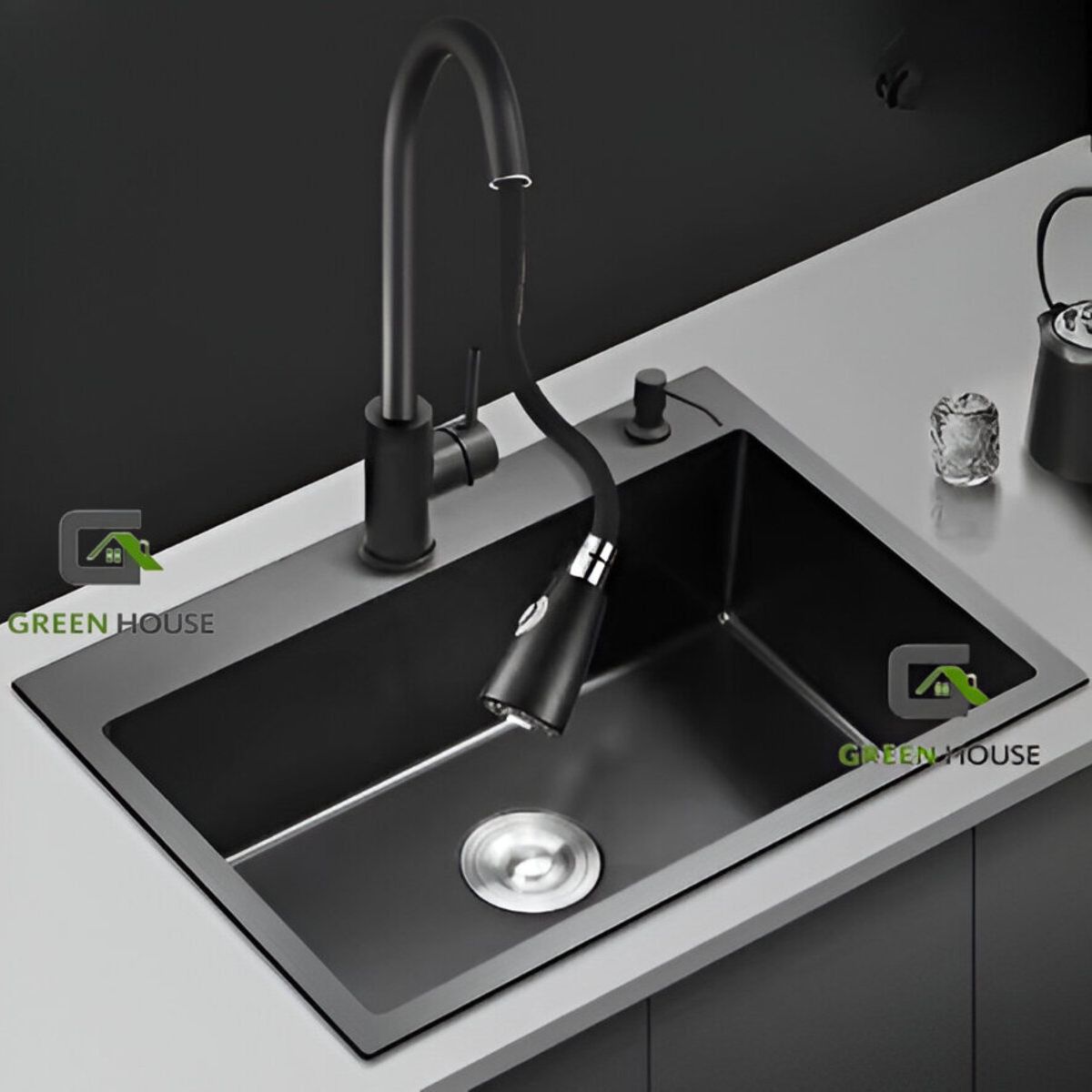 GENERICO - COMBO 50x45x23 CM LAVADERO DE COCINA ACERO  MEZCLADORA EXTRAIBLE NEGRA