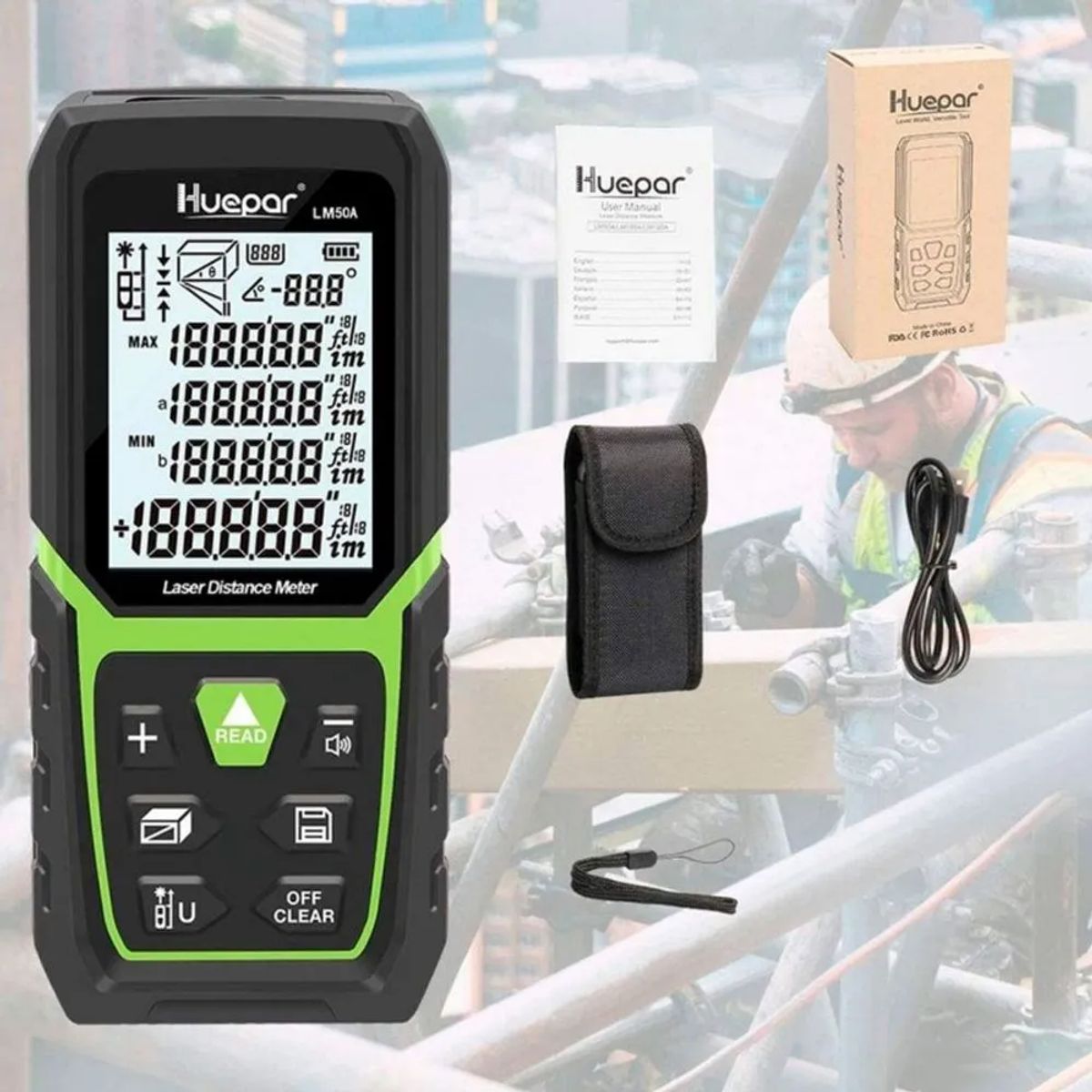 HUEPAR - Medidor de distancia Láser Verde Huepar LM50A 50m LCD Recargable