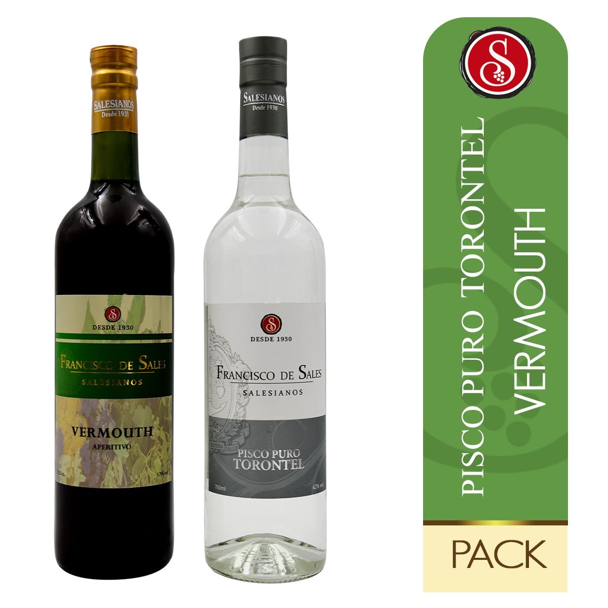 FRANCISCO DE SALES - Vino Vermouth x 750 ml.+ Pisco Torontel x 700 ml. Pack 2 Unidades