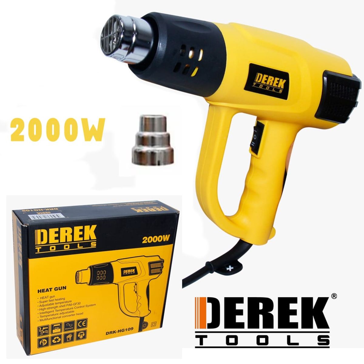 DEREK TOOLS - Pistola de Calor 2000W Derek Tools flujo aire caliente empaque