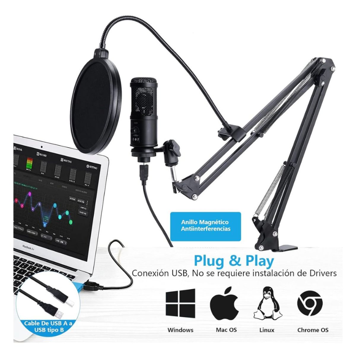 GENERICO - Kit Profesional Microfono Condensador Grabación PC Laptop PS4 BM-65