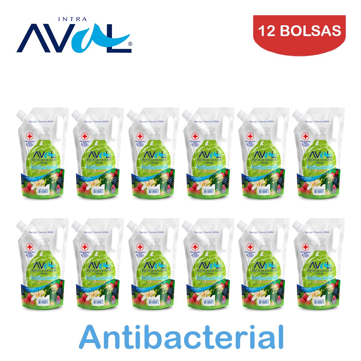 AVAL - Jabón líquido antibac. 800ml eucalipto AVAL. Pack 12 bolsas