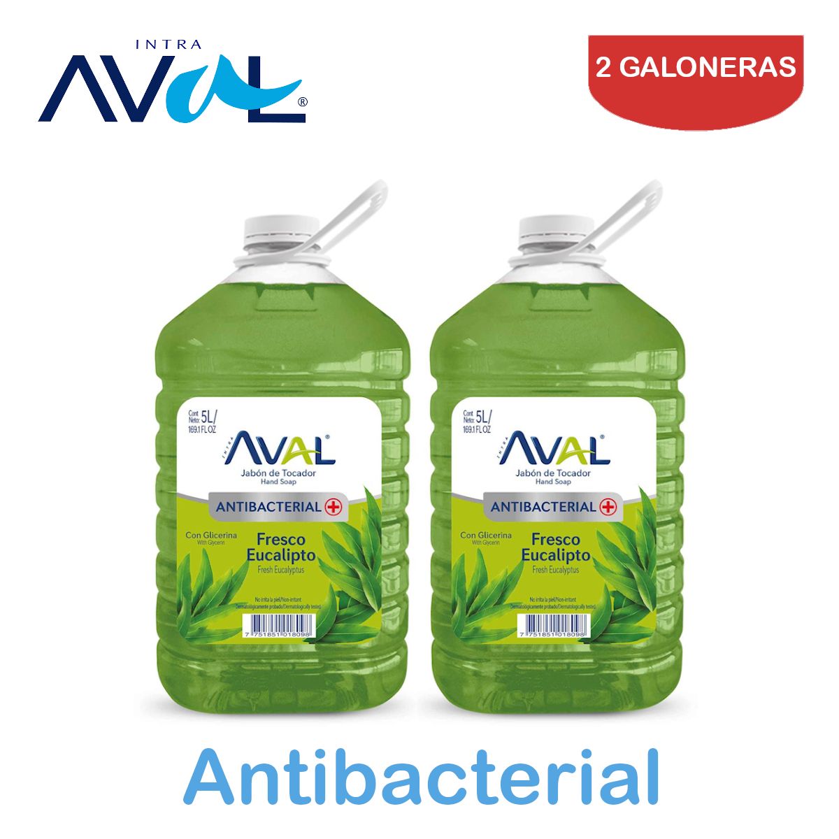 AVAL - Jabón líquido antibac.galón 5L eucalipto AVAL.Pack 2 galones