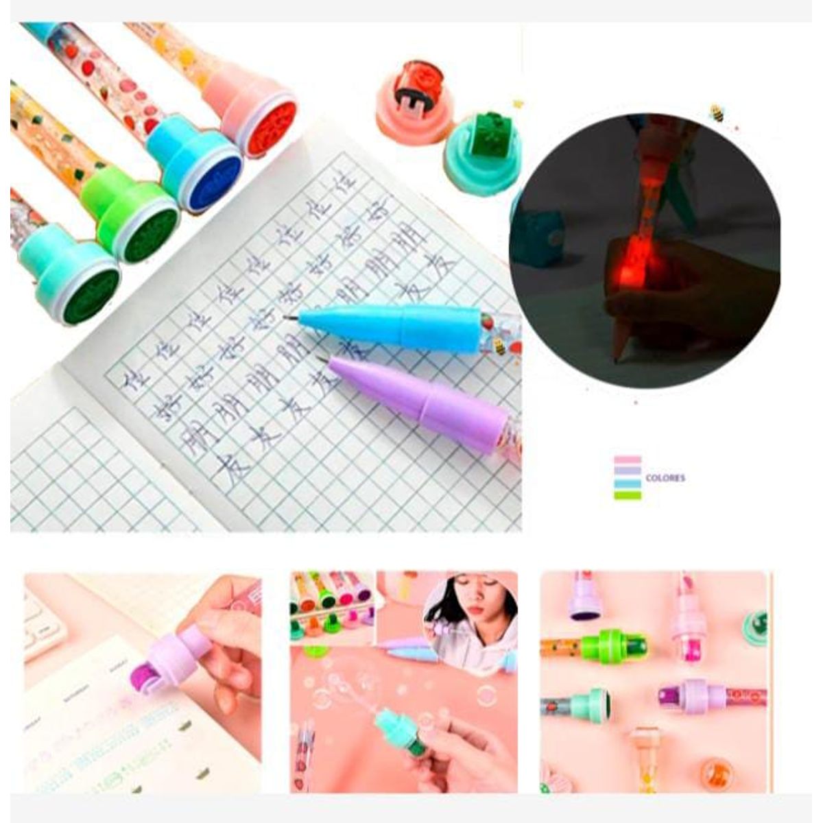 GENERICO - Pack 3 Boligrafo mágico, sello decorado, ilumin