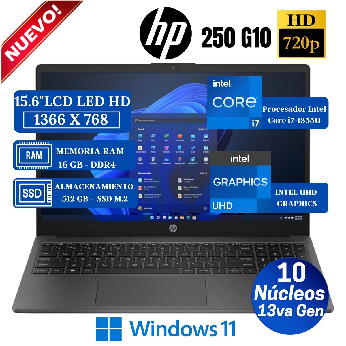 HP - Laptop HP 250 G10 15.6" LCD LED HD, Intel Core i7-1355U, 13va Gen, Ram 16GB, SSD 512GB, Win 11