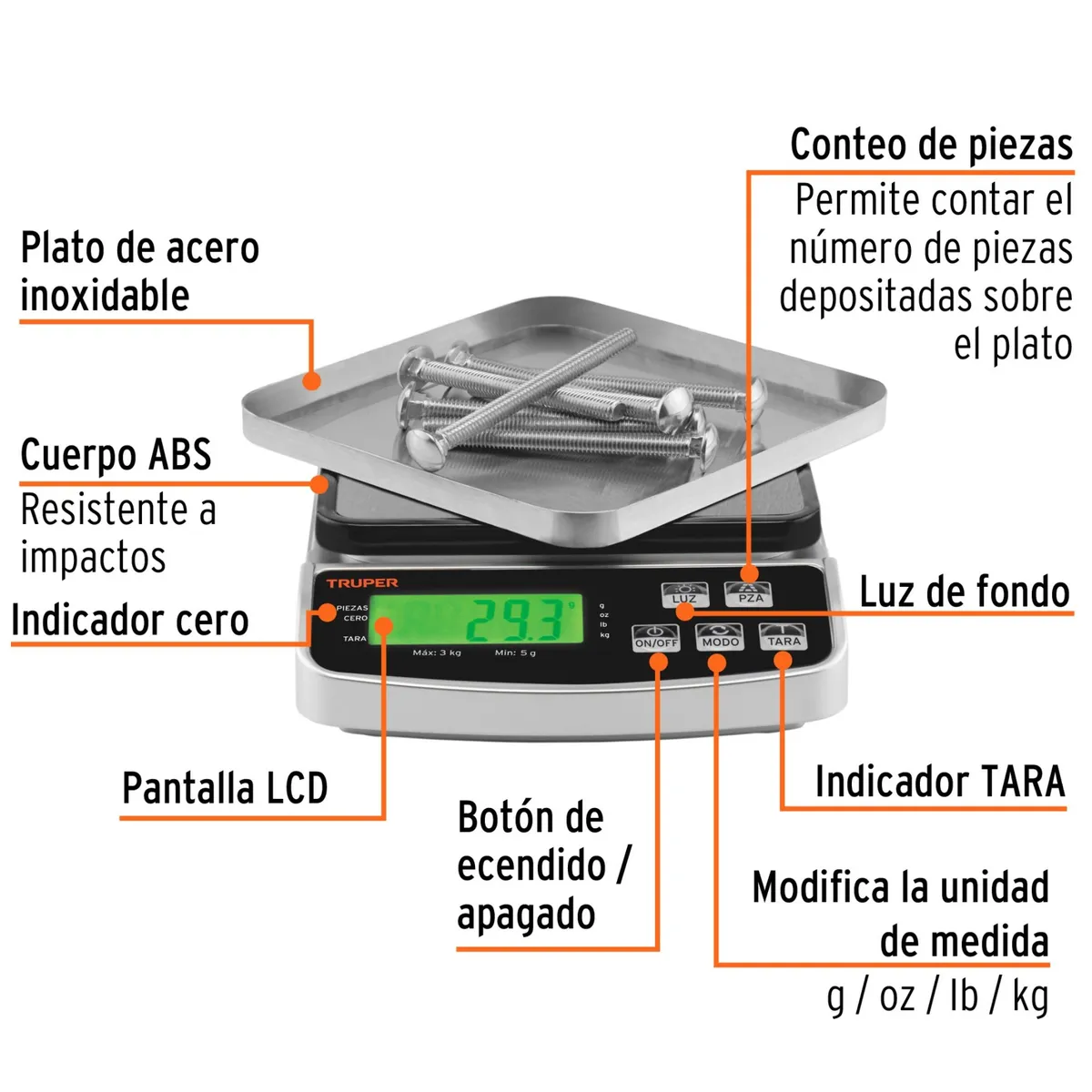 TRUPER - balanza Báscula electrónica de precisión recargable 3kg dijital Truper