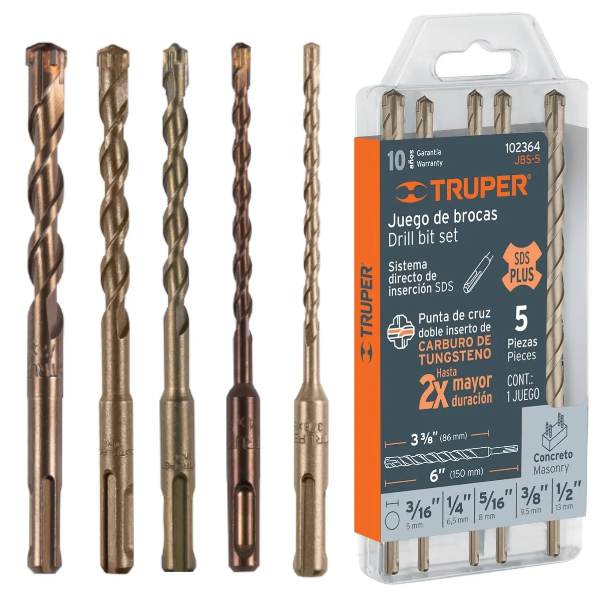 TRUPER - Juego de 5 brocas para concreto SDS Plus, Truper