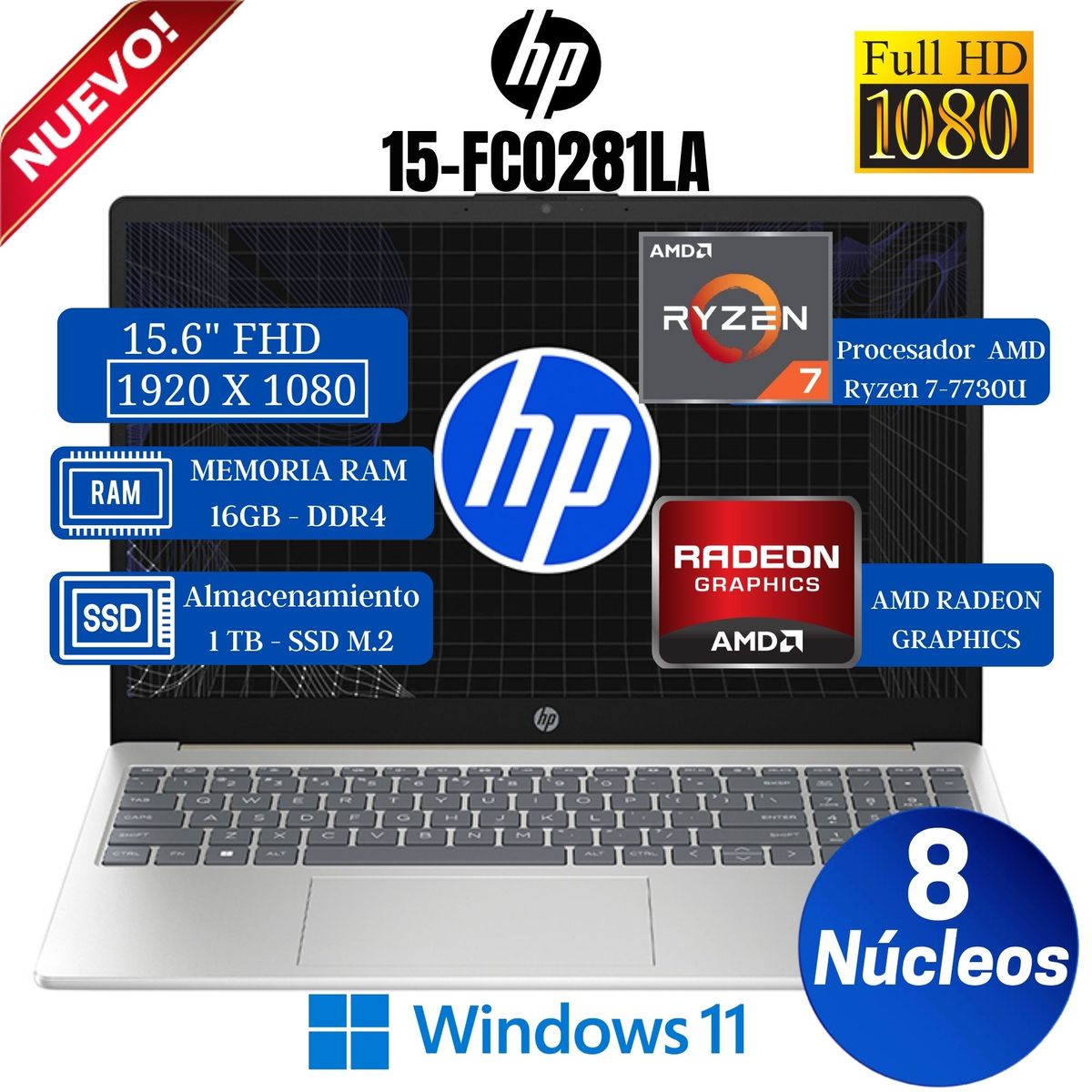 HP - Notebook HP 15-FC0281LA 15.6" FHD, AMD Ryzen 7-7730U, Ram 16GB, SSD 1 TB, Win 11