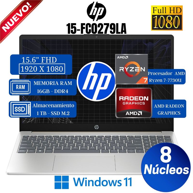 HP - Notebook HP 15-FC0279LA 15.6" FHD, AMD Ryzen 7-7730U, Ram 16GB, SSD 1 TB, Win 11