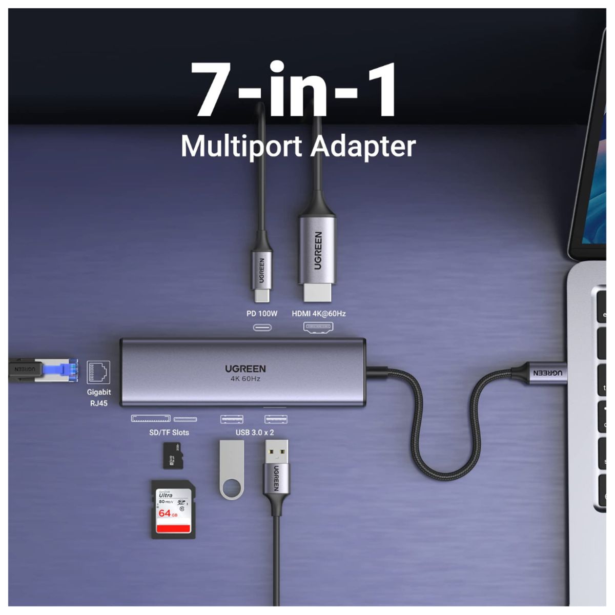 UGREEN - Adaptador USB hub ugreen 7 en 1 tipo C 4K 60HZ 60515