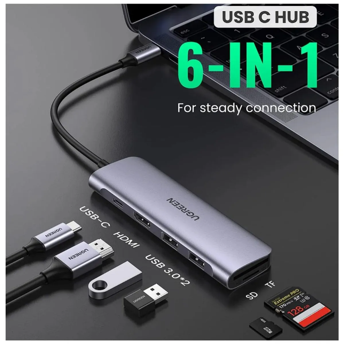 UGREEN - Adaptador USB hub ugreen 6 en 1 tipo C 4K 60HZ 60384