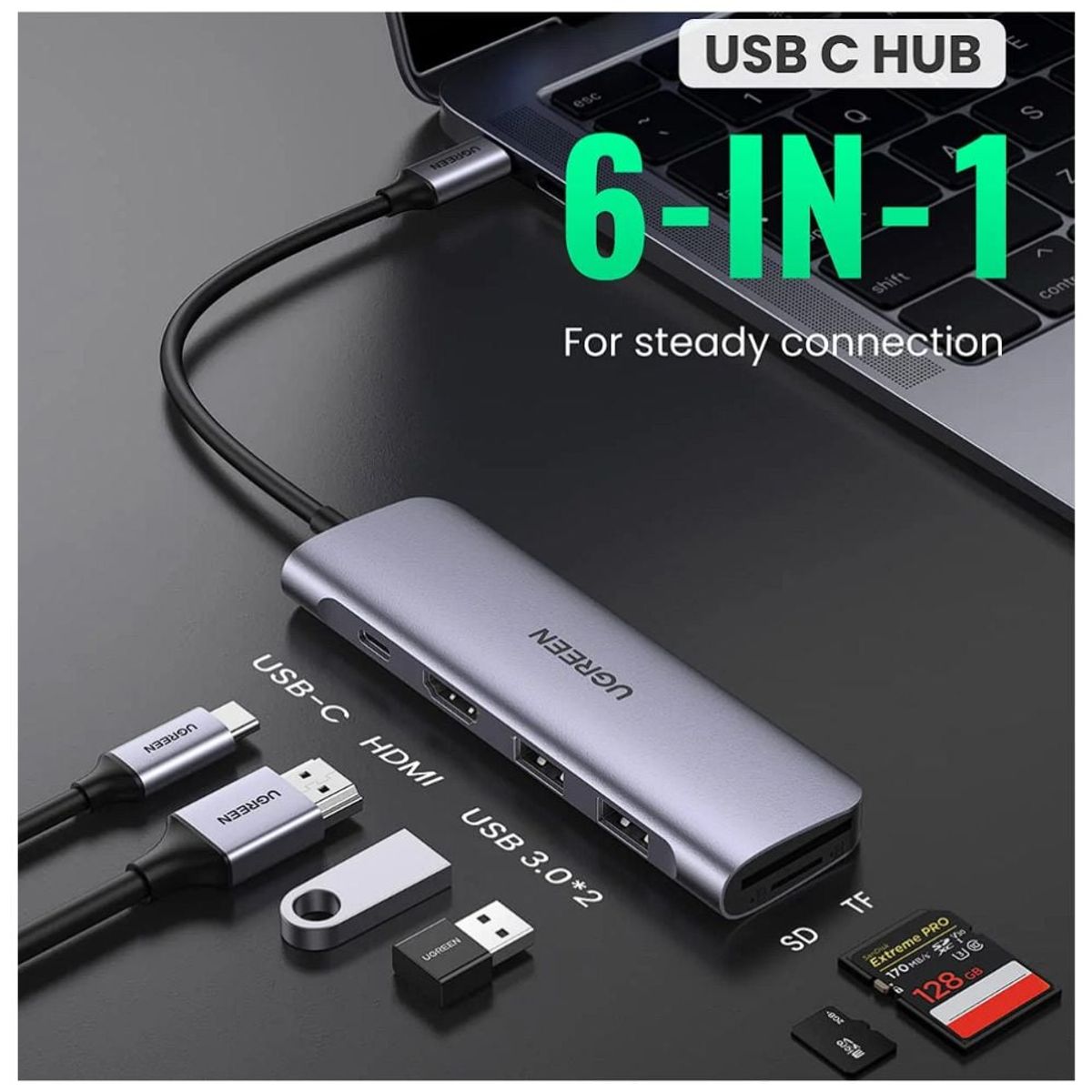 UGREEN - Adaptador USB hub ugreen 6 en 1 tipo C 4K 60HZ 60384