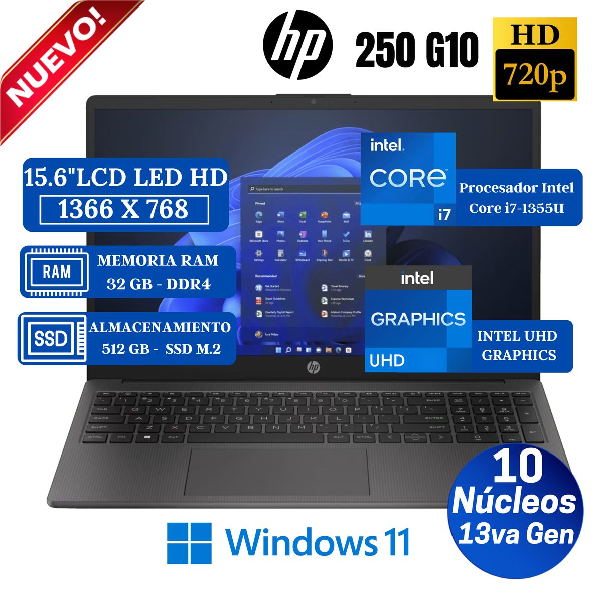 HP - Laptop HP 250 G10 15.6" LCD LED HD, Core i7-1355U, 13va Gen, Ram 32GB, SSD 512GB, Win 11