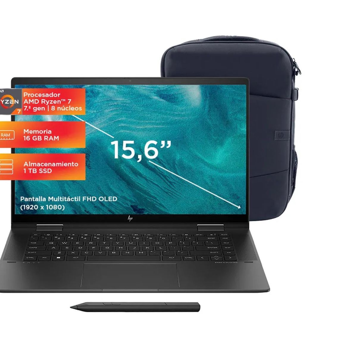 HP - HP ENVY x360 2 en 1 15-fh0002la 15.6” OLED Touch Ryzen 7 7730U 16GB 1TB SSD Windows 11 Lapiz + Mochila